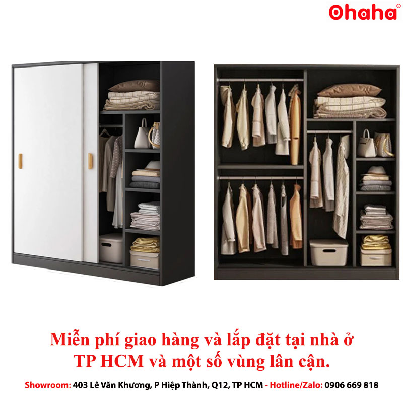 [ Freeship HCM ] [ Trả góp 0%]Tủ quần áo gỗ công nghiệp 2 cánh lùa Ohaha (ghi - trắng/trắng - vàng gỗ) - CL004
