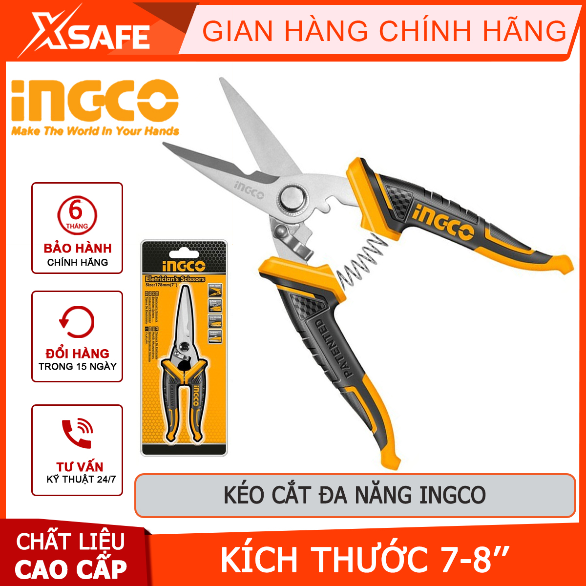 Electrician scissors ingco HES0187, multi-purpose scissors size 178mm and 200mm, scissors Cut civet hand stainless steel material, used to cut straight, plastic cutting, rubber or copper wire mesh [genuine] [XTools] [xsafe]