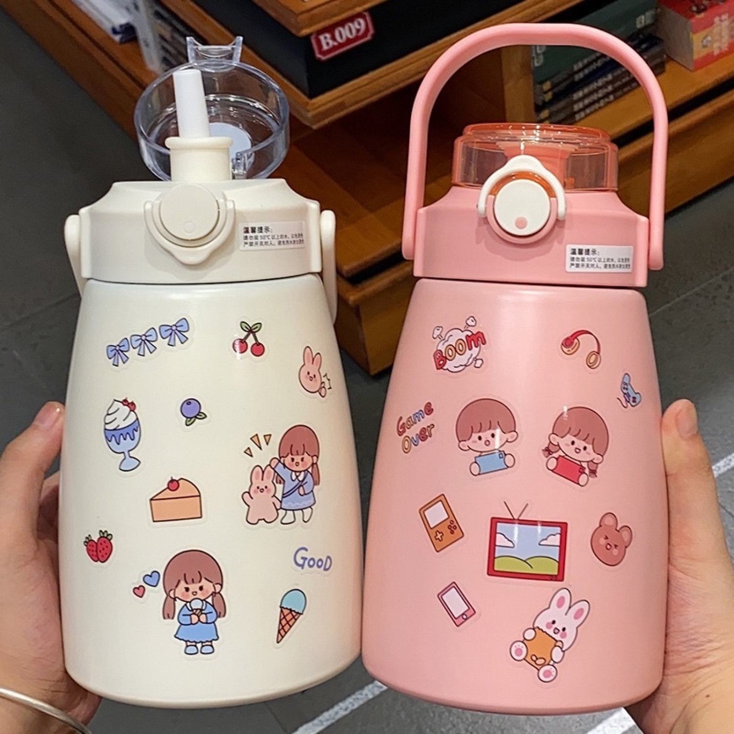 Bình nước giữ nhiệt cute có sticker và ống hút kiểu dáng dễ thương - Bình giữ nhiệt 800ml inox 304 có dây đeo