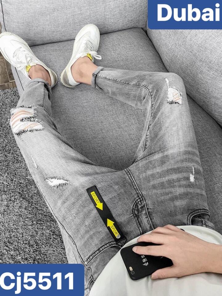 QUẦN JEAN NAM CHẤT BÒ XÁM BẠC RÁCH GỐI BD-075 CAO CẤP- DUBAI FASHION