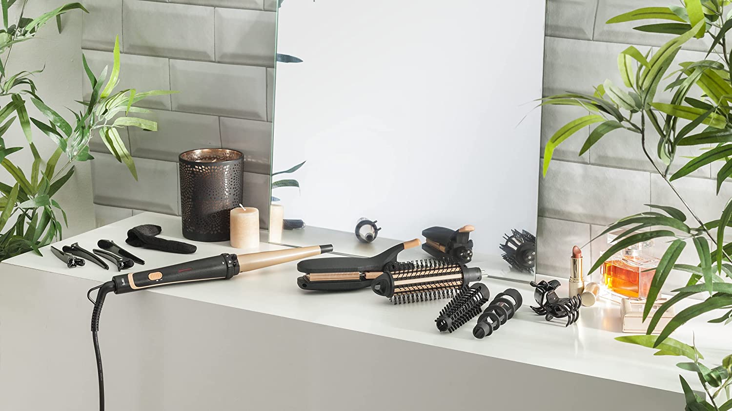 Rowenta CF423 Infinite Looks 14-in-1 Multistyler | Ceramic Coating | Cool Tip | Includes Styling Attachments (Hair Straightener/Crepe Iron/Curling Iron/Hot Air Brush) and Accessories | Black/Copper