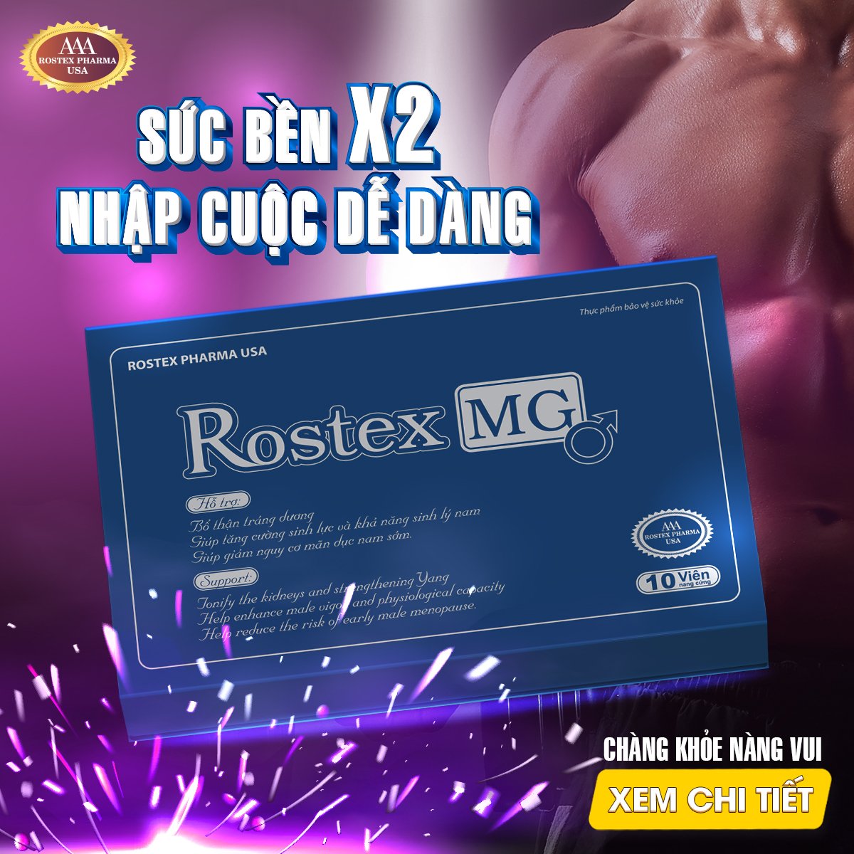 Tăng cường sinh lý nam 1h Rostex MG bổ thận, tráng dương, tăng sinh lực, kéo dài thời gian - Hộp 10 viên