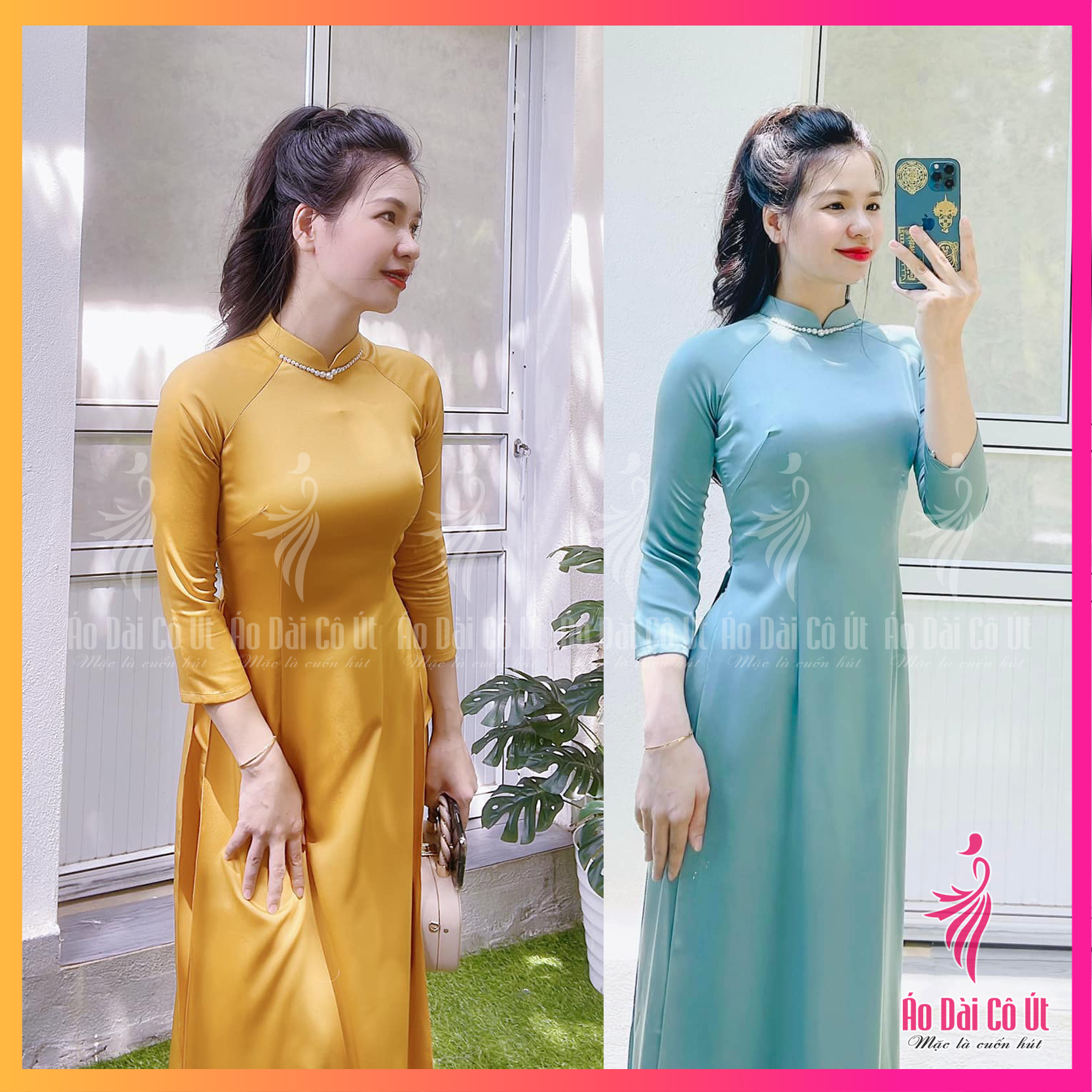 Áo dài truyền thống vải lụa tây thi cổ đính ngọc