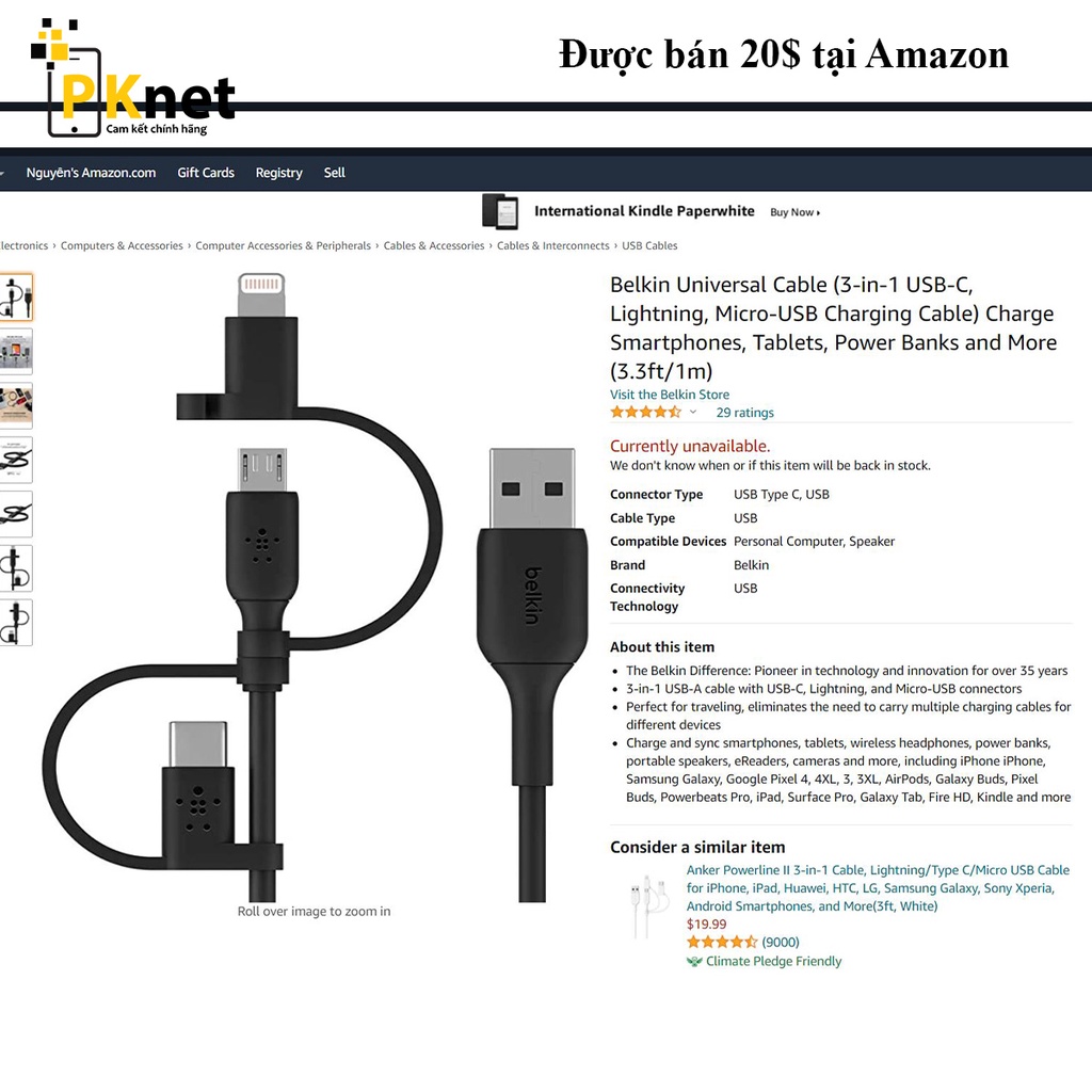 Dây sạc 3 trong 1 Belkin Chính hãng ( 3 cổng: Lightning, USB-C và Micro USB) [Nobox. bảo hành 12 tháng lỗi 1 đổi 1]
