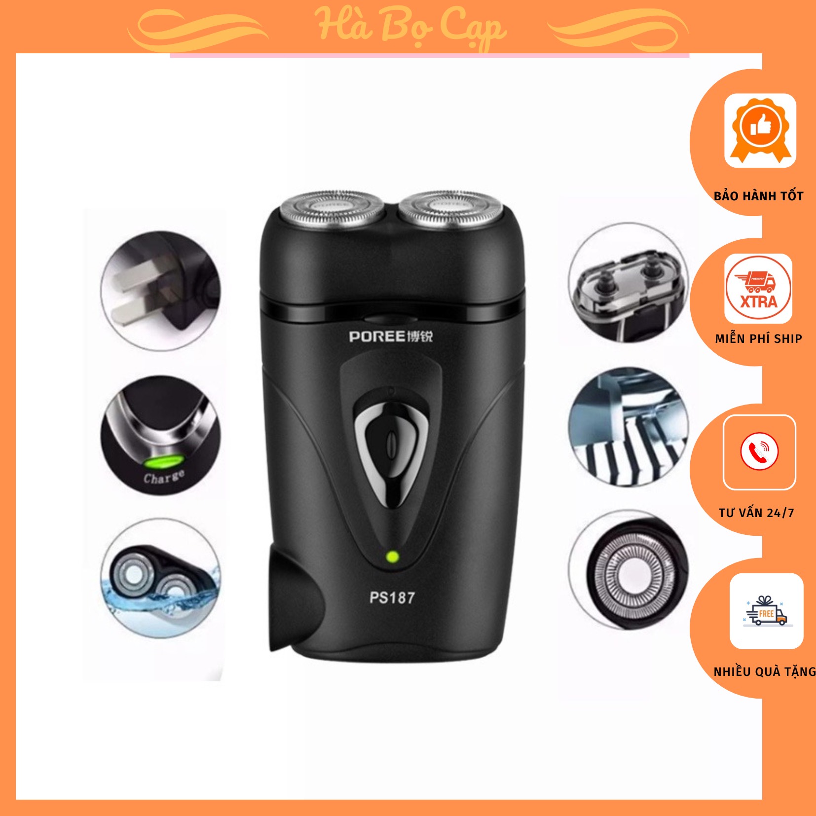 Máy Cạo Râu Sạc Điện 2 Lưỡi Poree PS187 Cạo râu khô không xước da đau rát an toàn thông minh tiện lợi