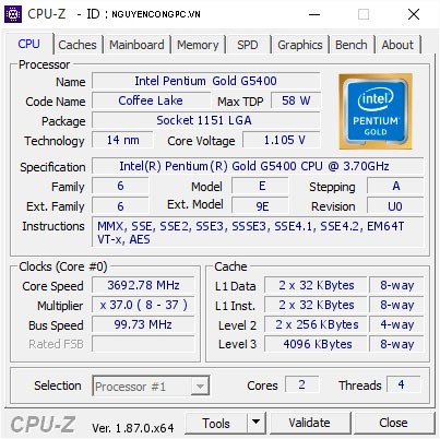 CPU Intel Pentium G5400 (3.70Ghz/ 4Mb cache) Coffeelake