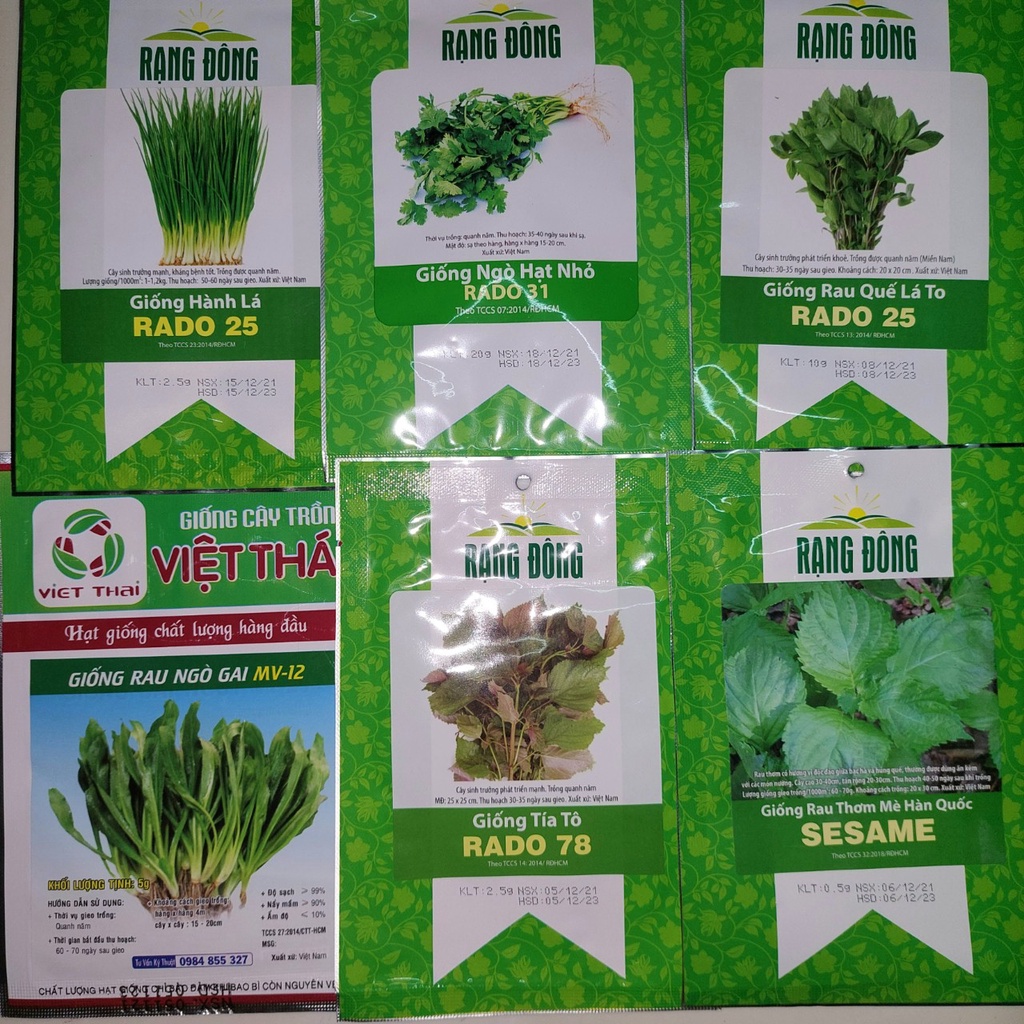 Combo 6 loại hạt giống rau thơm (hành +lá mè+quế+ngò rí+ngò gai+tía tô)