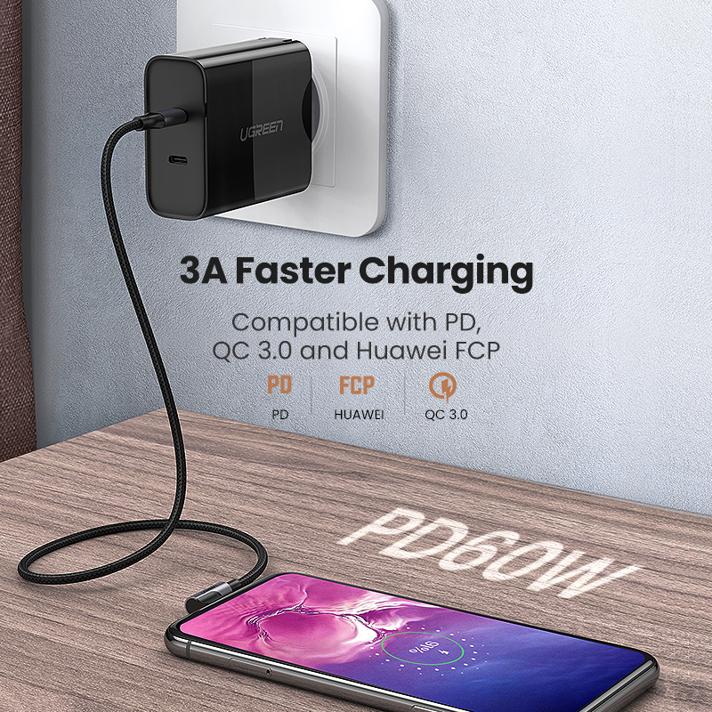 Cáp UGREEN 60W USB C sang USB C Cáp sạc nhanh USB C góc phải Tương thích với MacBook Pro Air, iPad Pro Mini Air Samsung S23 S22 Xiaomi 11t 12t Switch Model:50123