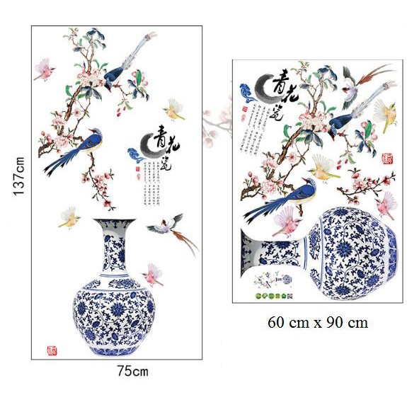 DECAL DÁN TƯỜNG TẾT CHIM CÔNG VÀ BÌNH HOA THỔ CẨM