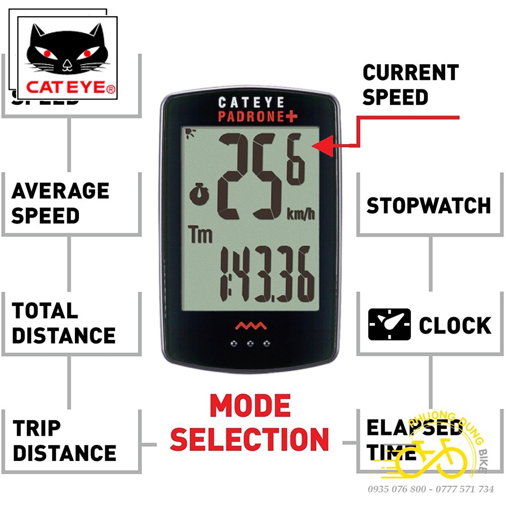 Đồng hồ đo tốc độ xe đạp không dây CATEYE Padrone+ CC PA110W (Japan - Có Đèn Nền)