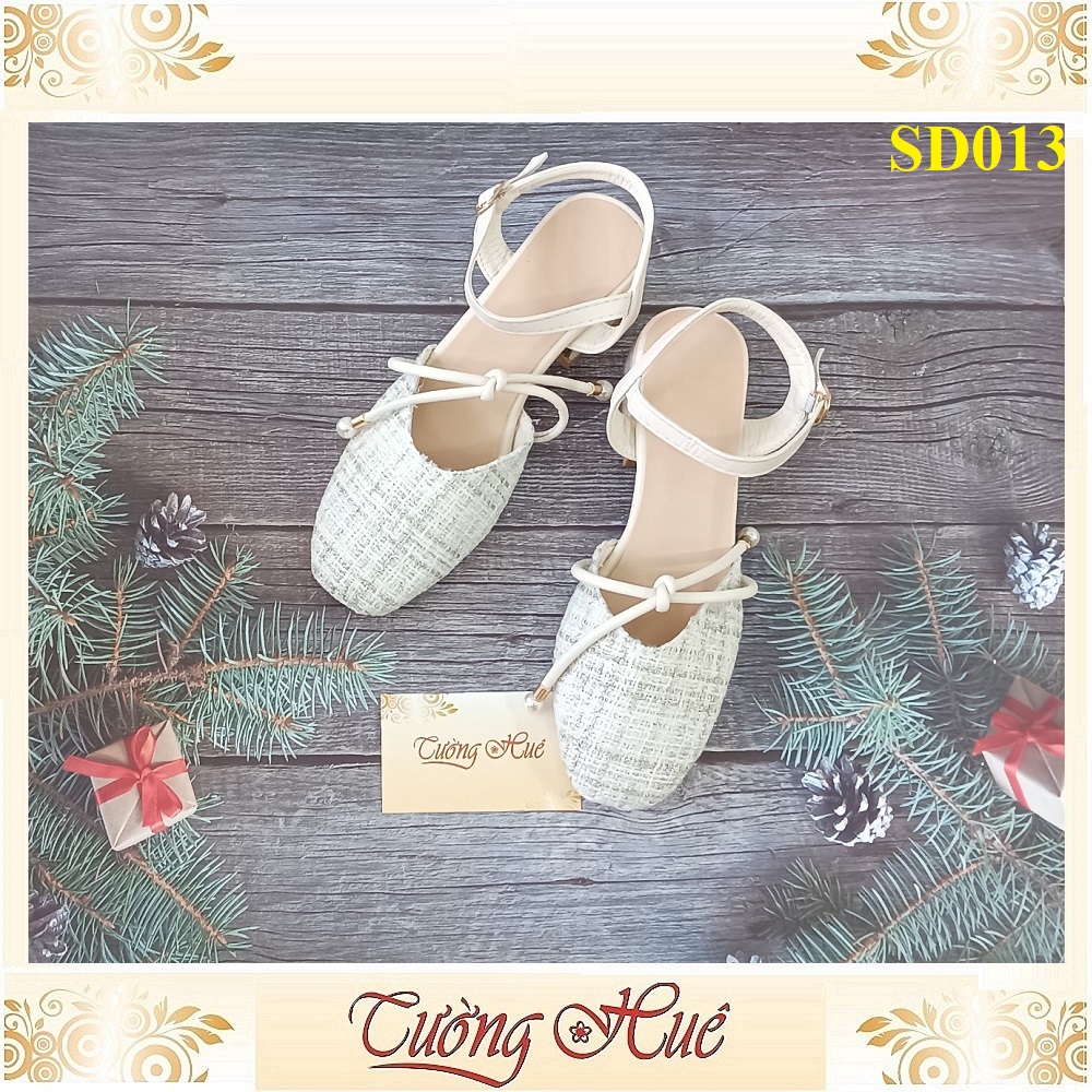 Giày sandal cao gót bít mũi mũi vuông thắt nơ gót vuông cao 3cm - hàng quảng châu