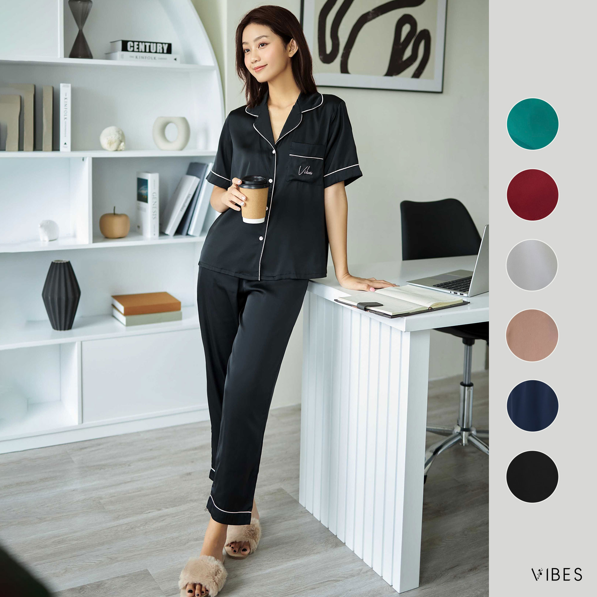 Vibes Plain Silk Long Pajamas Silk Long Py Set