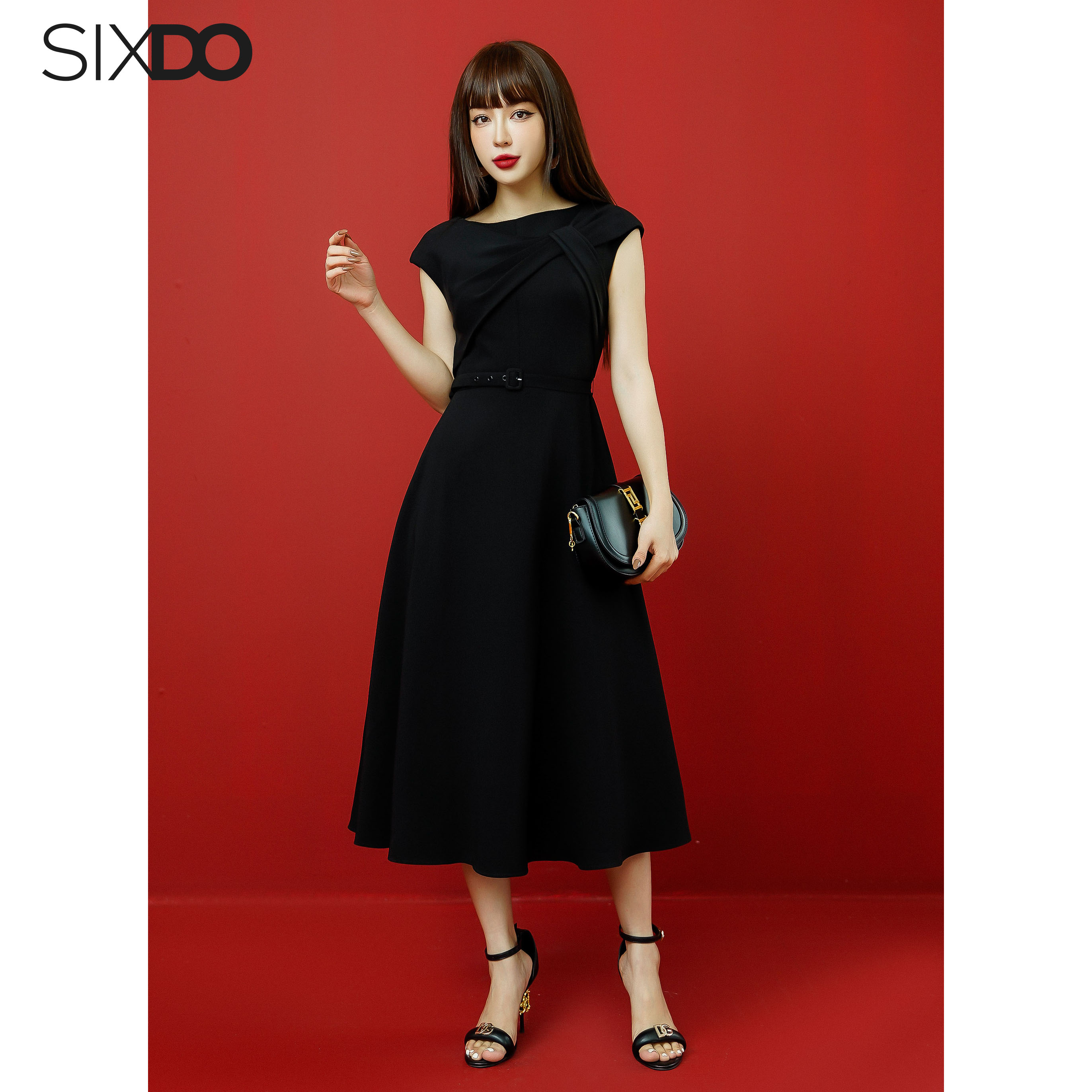 Đầm đen phối đai eo SIXDO (Black Sleeveless Midi Woven Dress)