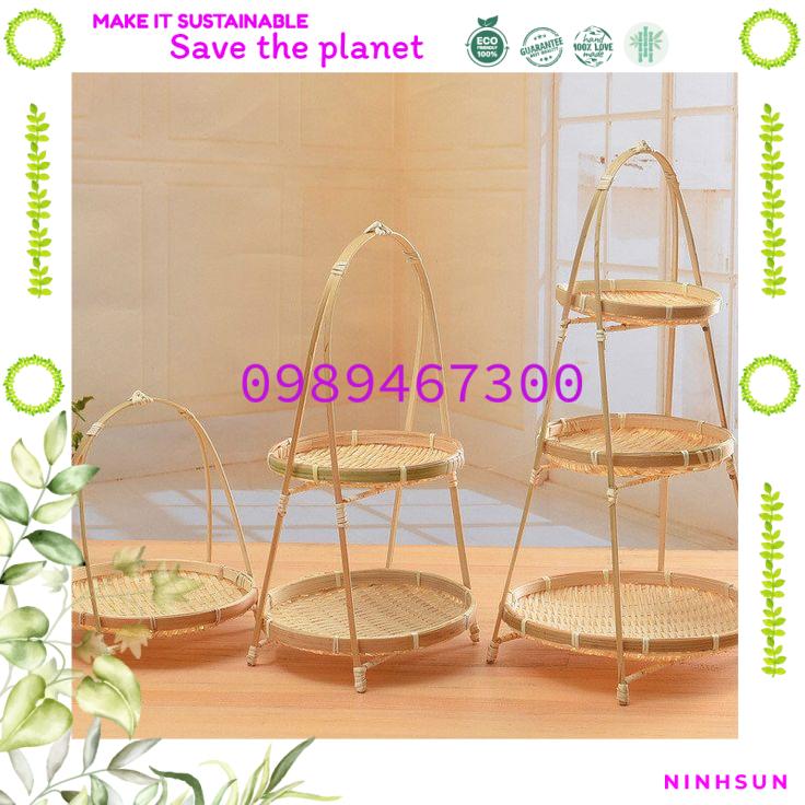 Kệ tre trang trí, kệ đựng tỏi, kệ tre các loại, kệ tre tầng, để hoa quả, bày ban thờ ông địa, KHAY ĐỂ HOA QUẢ BÁNH KẸO 2 Mẹt tre tầng vintage trang trí đồ ăn/ Trang trí trong gia đình, nhà hàng, homestay, tự nhiên an toàn