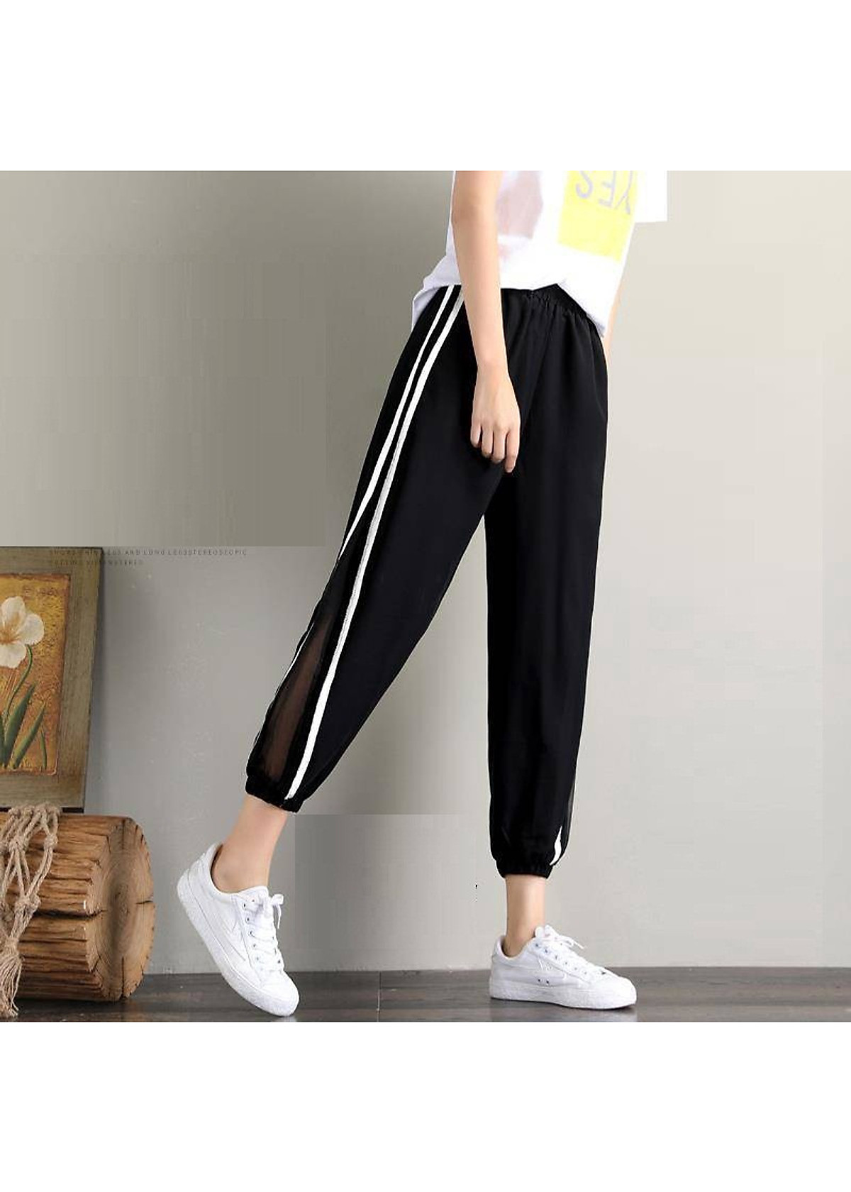 Quần jogger nữ - mẫu phối lưới sọc sườn