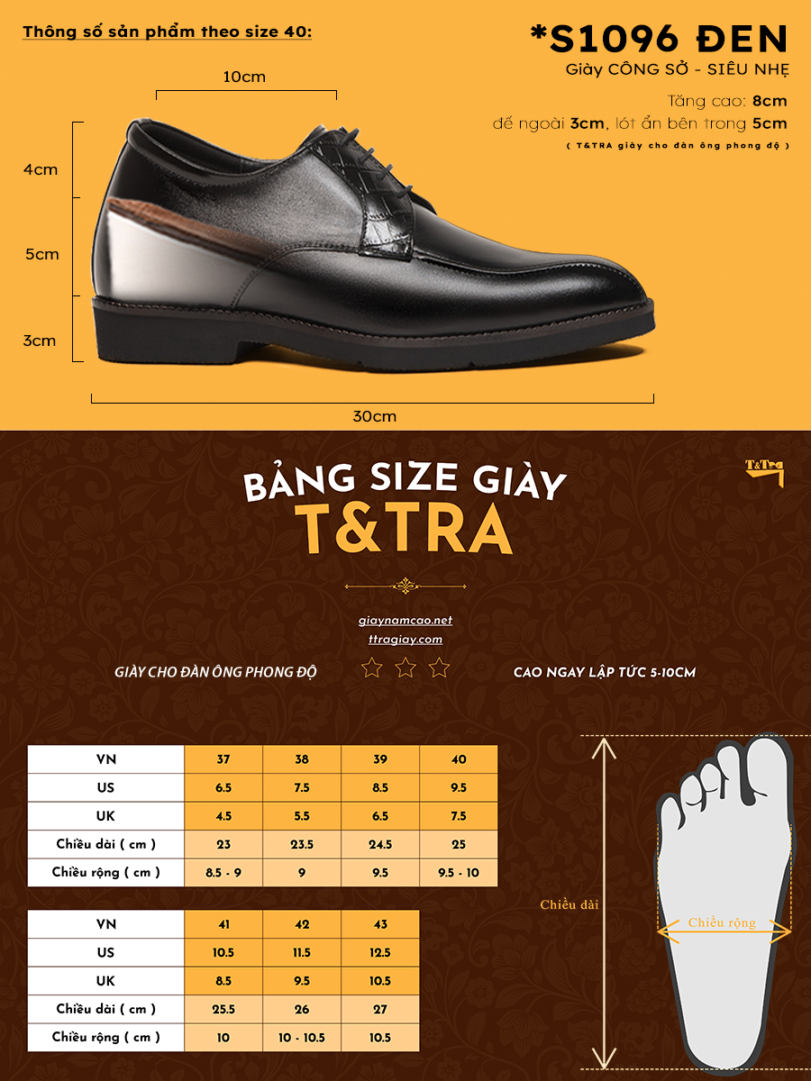 [ 8CM ] Giày Tăng Chiều Cao Nam T&TRA S1096 Đen