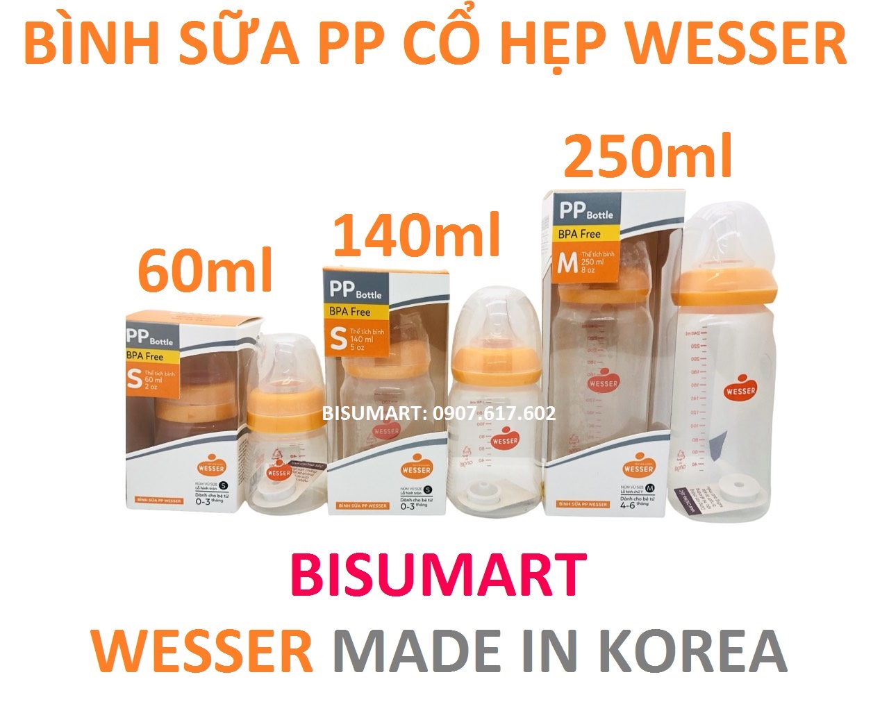 Bình Sữa Wesser Cổ Hẹp PP Mẫu mới 60ml - 140ml - 250ml