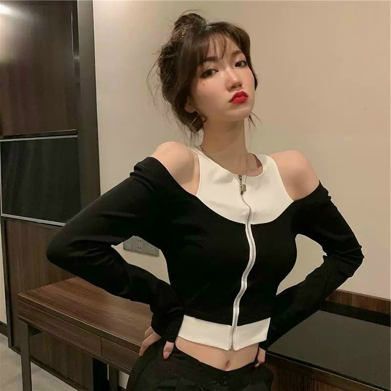 ÁO CROPTOP KIỂU LỬNG NỮ TRỄ VAI DÀI TAY MÀU ĐEN PHỐI CỔ TRẮNG KÈM DÂY KÉO TRƯỚC CO GIÃN THOẢI MÁI DÀY DẶN MỀM MỊN SIÊU HOT HIT HADI CỰC CÁ TÍNH