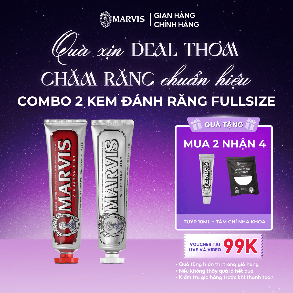 Combo 2 Tuýp Kem Đánh Răng Marvis Whitening Mint Fullsize 85ml