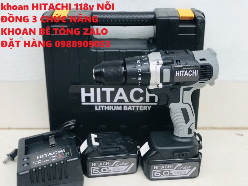 Máy khoan pin Hitachi 118V - Mô tơ 775 - 3 Chức năng KÈM 2 PIN Tặng 1 mũi khoan tường