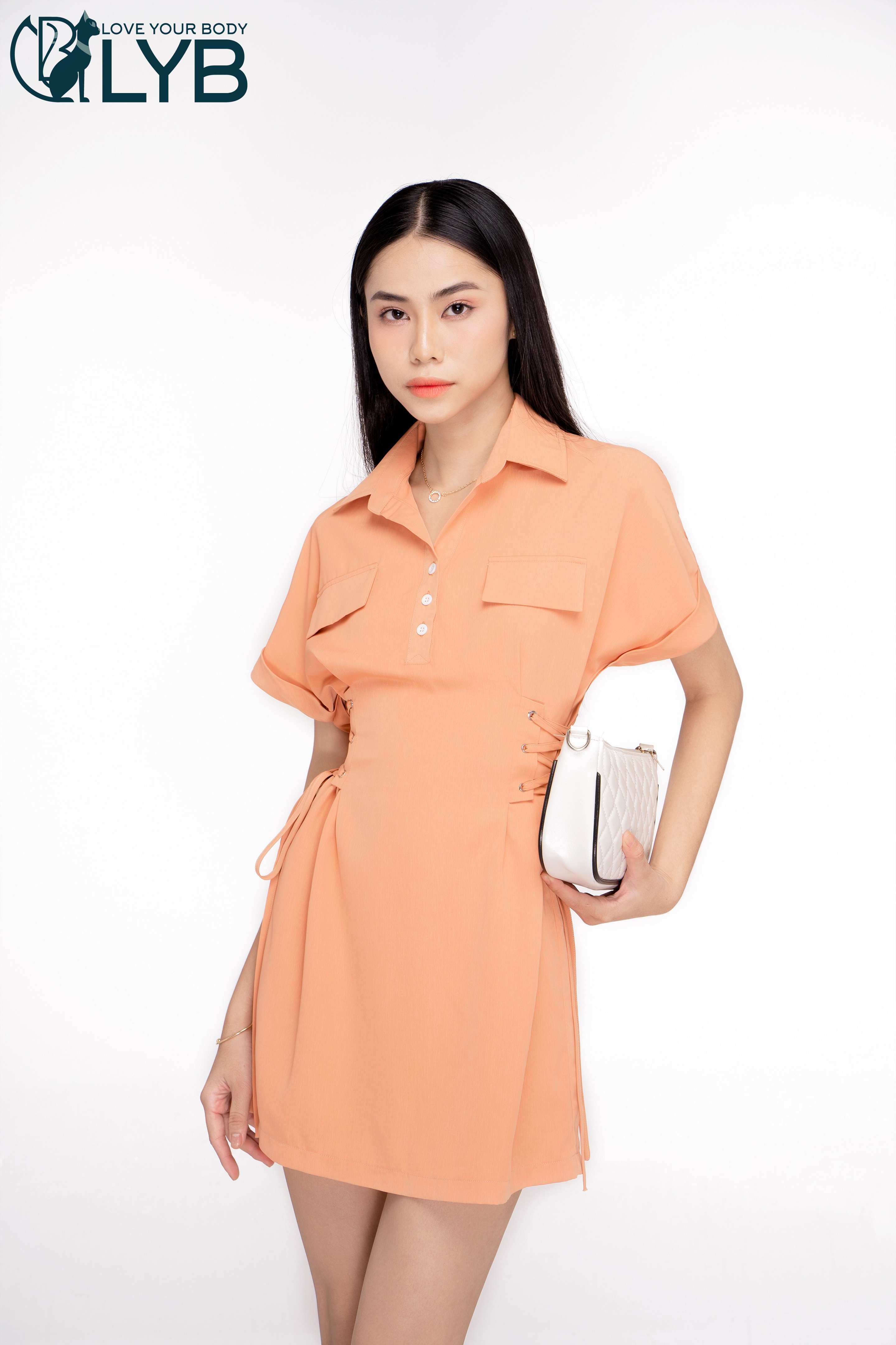 Đầm công sở kiểu sơ mi cổ trụ cột dây thanh lịch