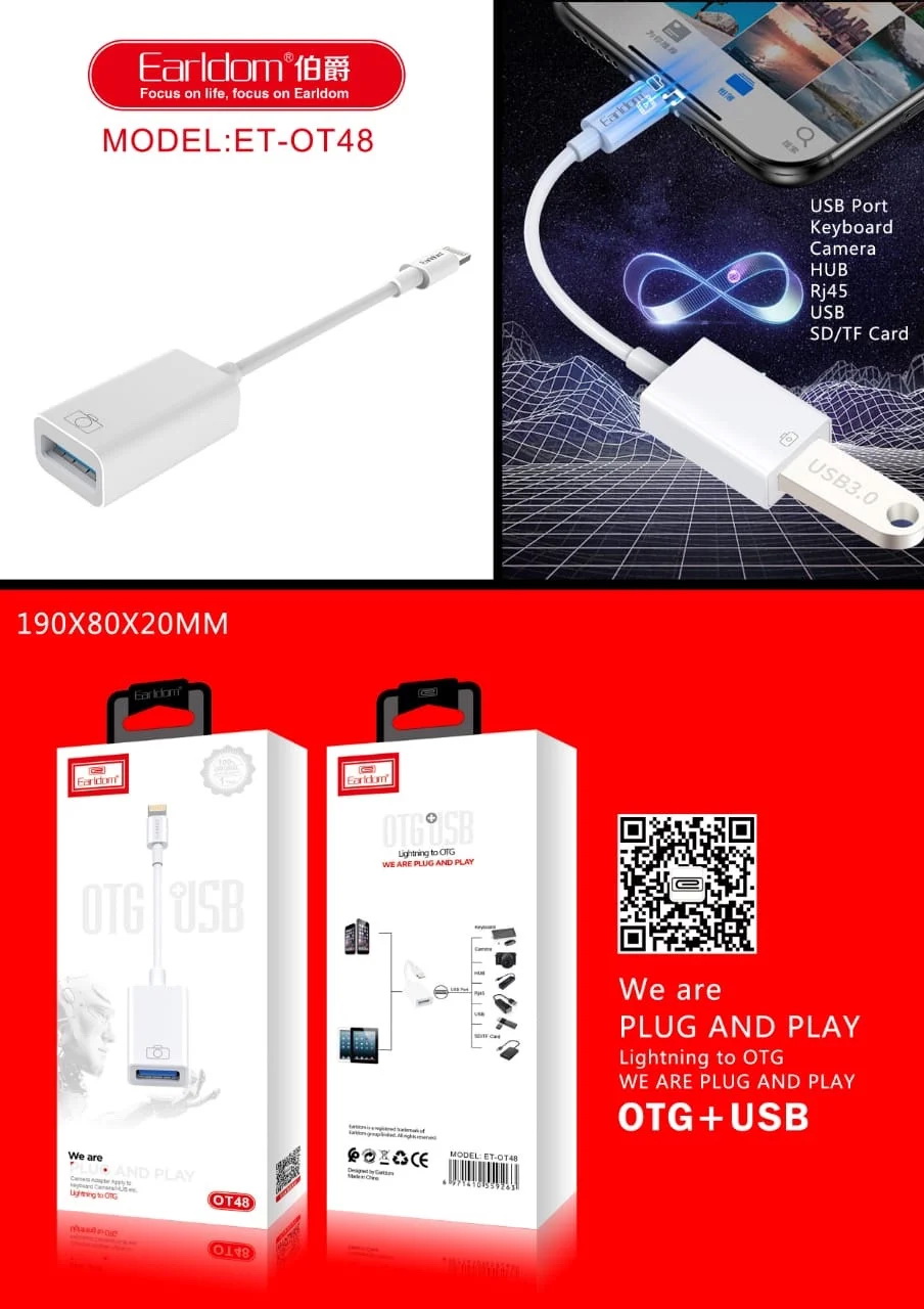 Rắc chuyển đổi Jack OTG cho Iphone, Ipad sang Usb Earldom OT48