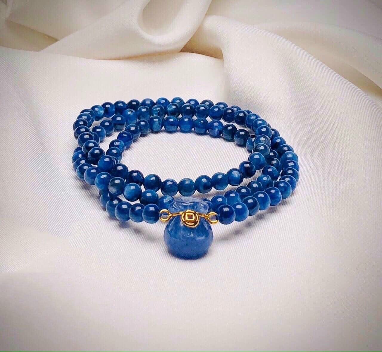 Vòng đeo tay, lắc tay phong thủy quấn 3 vòng mix phụ kiện hoa sen bạc đá Sapphire nước ( Kyanite )