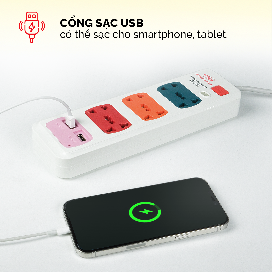 Ổ cắm điện đa năng Có USB Honjianda Mã 02 Dây 3m - an toàn chống quá tải