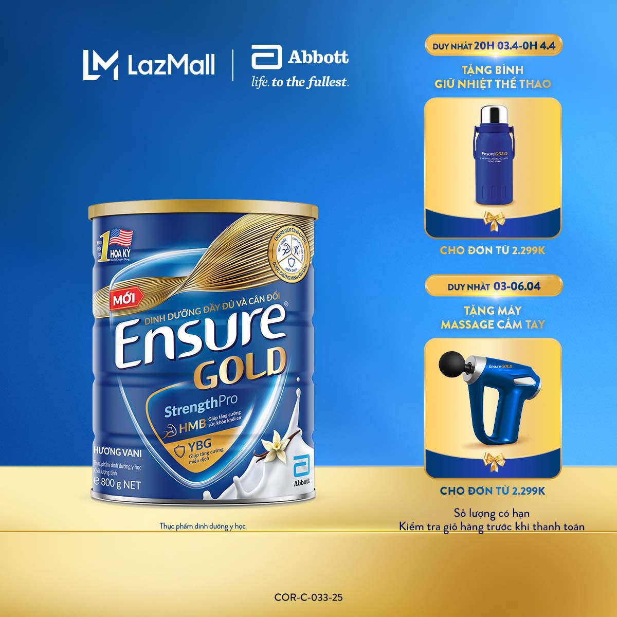 [CHỈ 25-30.06 QUÀ TẶNG CHO ĐH 1500K/2500K-SLCH] Lon sữa bột Ensure Gold hương Vani 800g