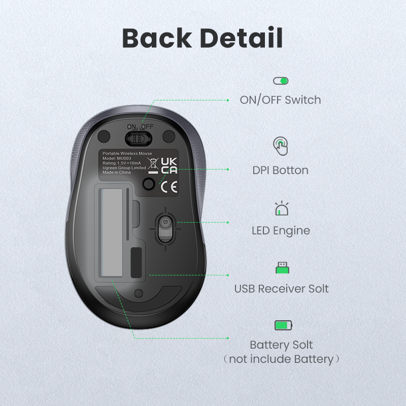 【2.4G】UGREEN MU003 Chuột không dây USB thiết kế Im lặng công thái học 2400 DPI không gây tiến ồn dành cho máy tính xách tay PC Model:90371