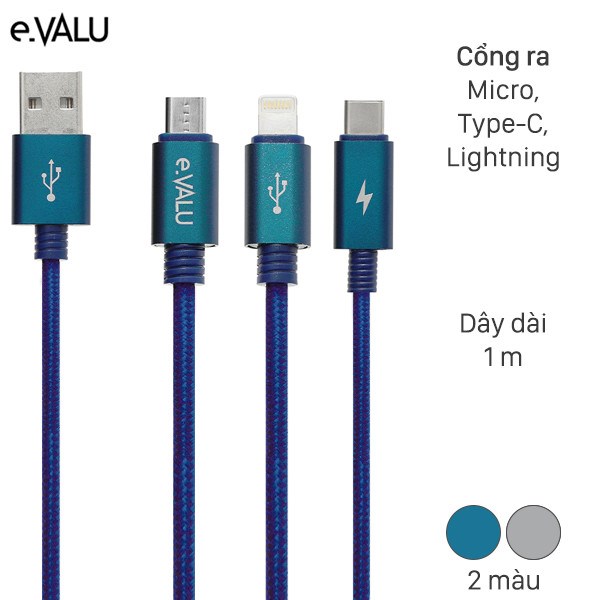 Cáp 3 đầu Lightning Type C Micro 1m eValu Spanker B 2 ( Like New )