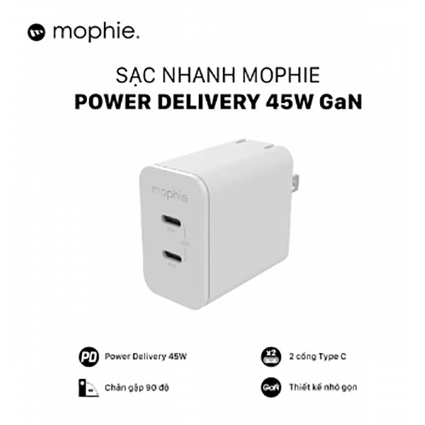 Củ sạc nhanh 2 cổng sạc mophie pd 45w dual usb-c gan sạc nhanh cho điện thoại, máy tính bảng