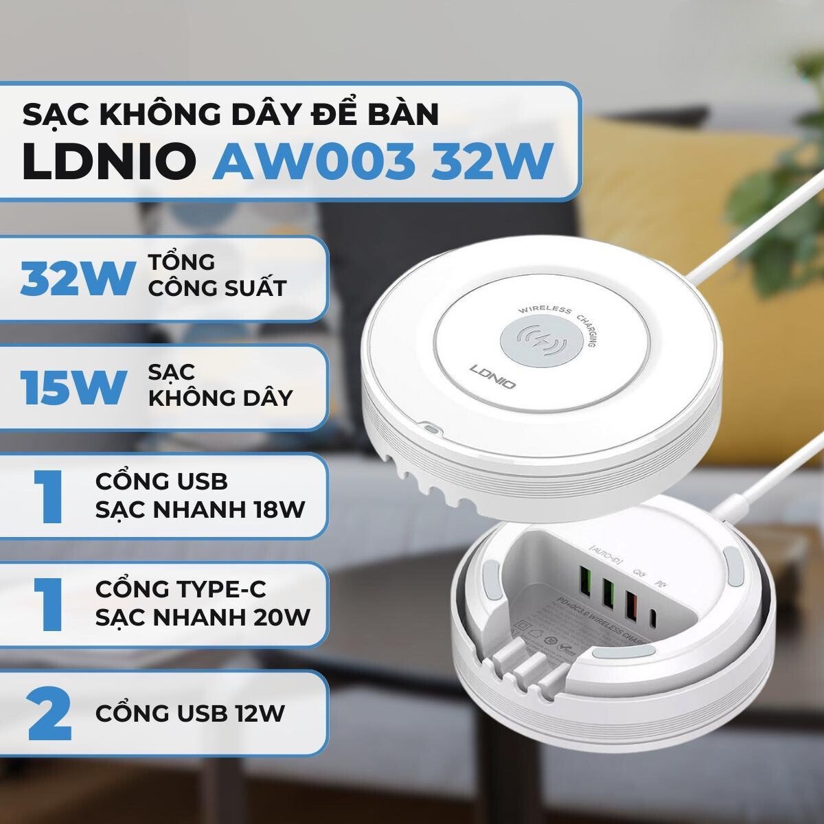 Sạc không dây siêu nhanh cao cấp aw003, công suất 32w, sạc không dây để bàn đa năng 32w, 1 cổng usb sạc nhanh 18w, 1 cổng type c 20w, 2 cổng usb 12w