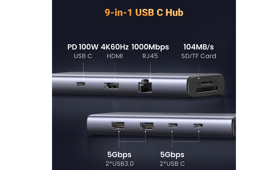 Bộ chia Hub USB Type C 9 trong 1 (HDMI, RJ45 , USB 3.0, SD , TF, PD) UGREEN 15375 Chính Hãng