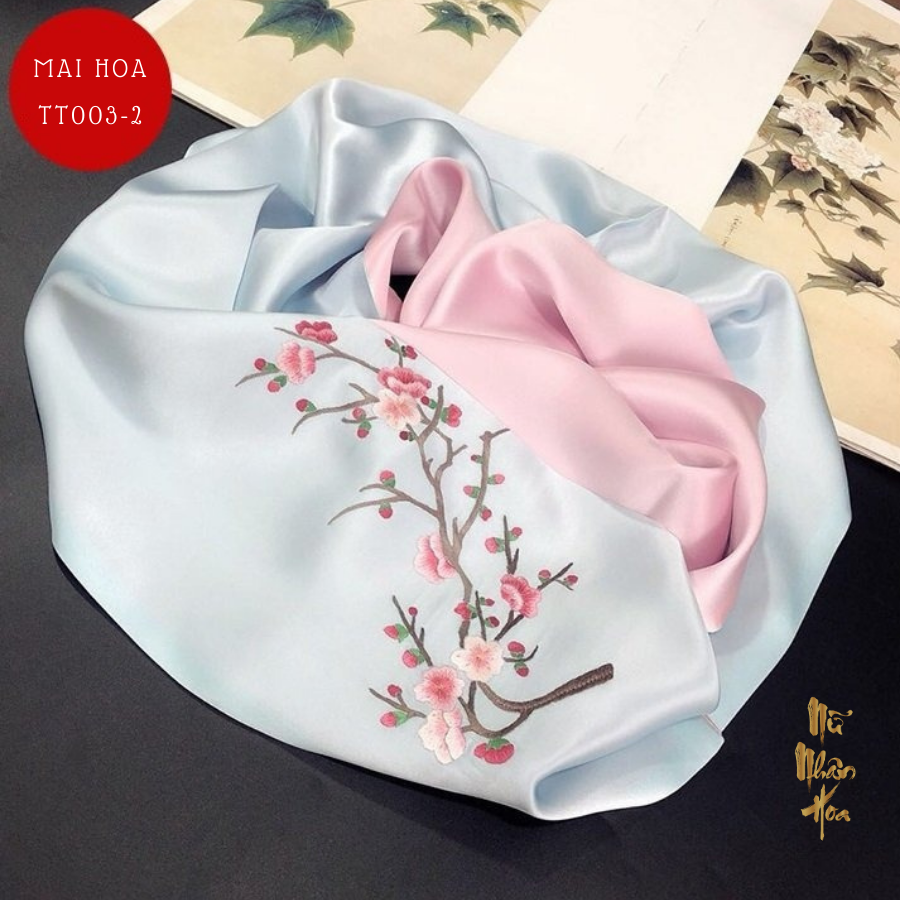 TT003 Khăn Lụa Thêu Tay Cao Cấp Hoạ Tiết Hoa Mai