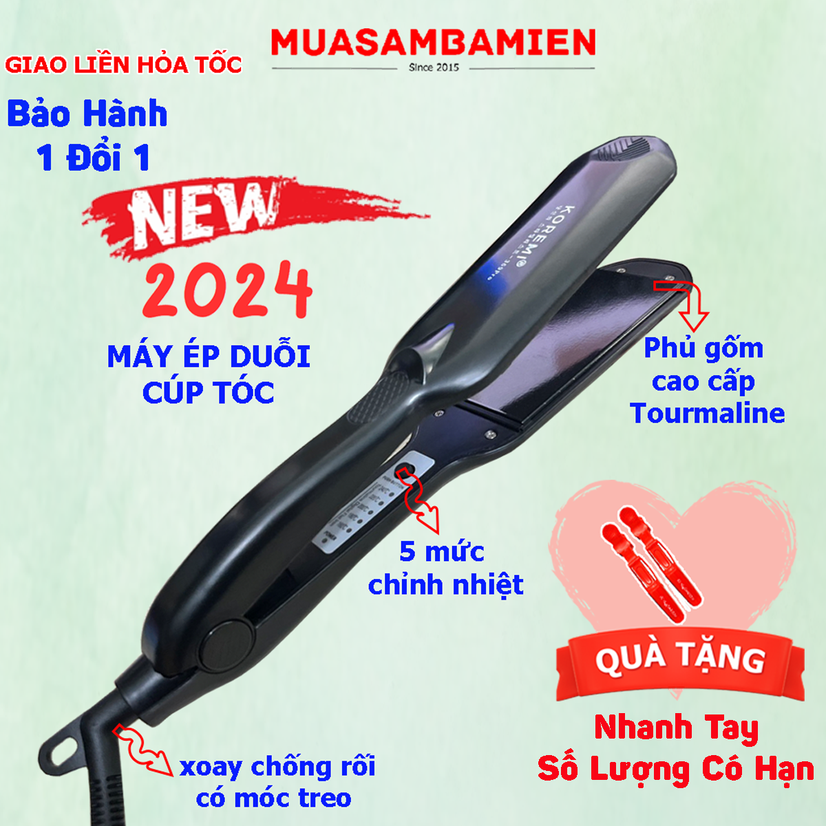 Máy kẹp tóc bản lớn Koremi 369 Pro chỉnh nhiệt bản lớn, tặng kẹp