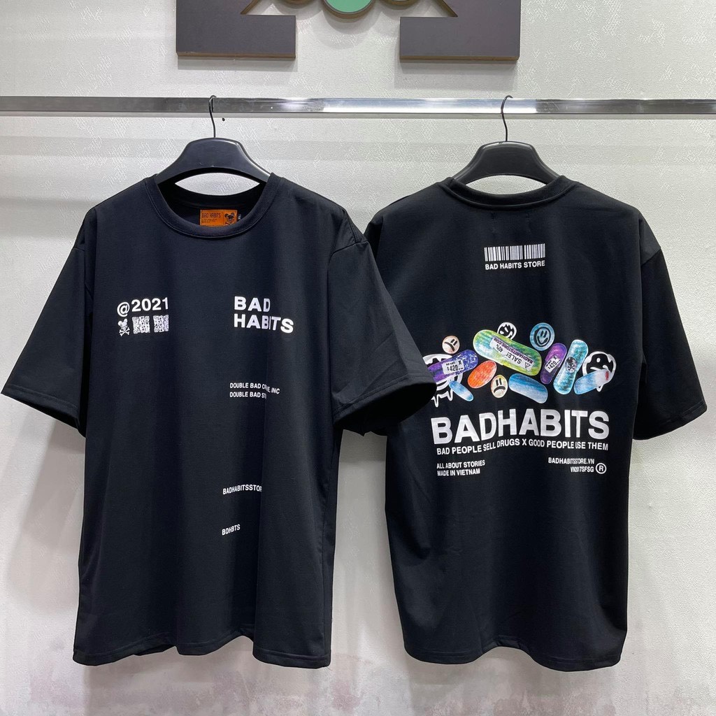  Áo thun tay lỡ form rộng Bad Habits Happy Pills phong cách unisex cho cả nam nữ vải cotton 100% co dãn 4 chiều có tem mạc đầy đủ hình in to và cực bền AL80 - Áo thun tay lỡ Unisex 