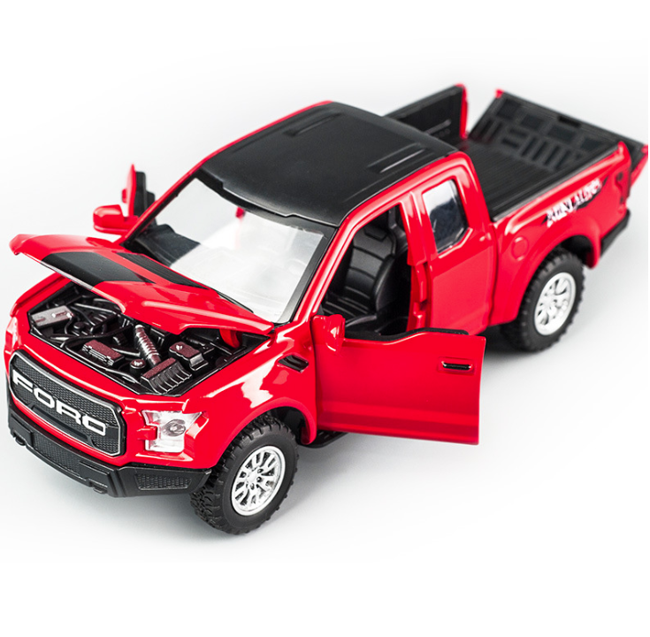 Xe mô hình ô tô Ford raptor F150 tỉ lệ 1:32 - Xe đồ chơi trẻ em bằng kim loại chạy cót có đèn và âm thanh mở được các cửa