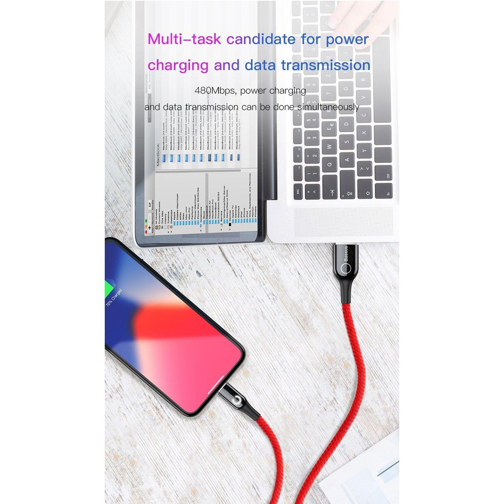 Baseus Cáp sạc Lightning tự ngắt cho iPhone iPad (2.4A, Sạc nhanh, Sợi Carbon Siêu Bền)