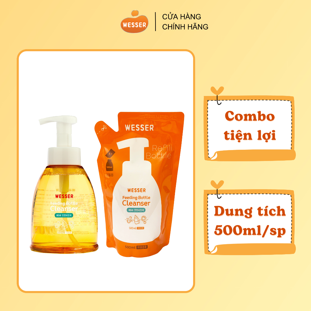 Combo of Wesser Bottle and Nipple Cleaner, 500ml Bottle and Bag, Made in Korea