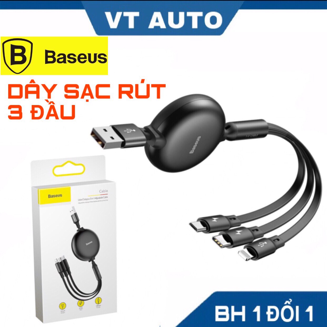 Dây sạc 3 đầu 3 in 1 lightning micro usb type c Baseus - cáp sạc dây rút đa năng cho iphone samsung oppo,...vv - VT auto