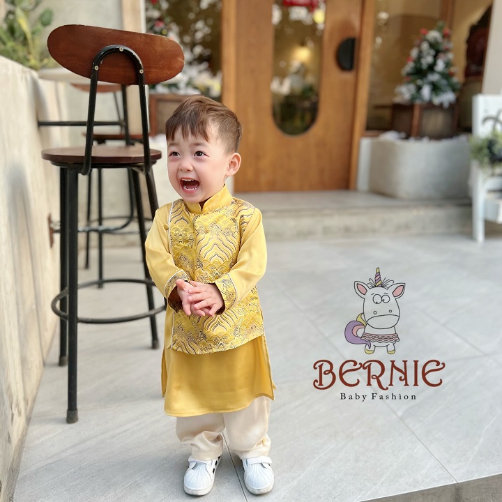 Áo dài tết bé trai Bernie lụa gânphối gấm rồng màu vàng, đỏ, xanh cho bé trai từ 9 đến 24kg diện đồ tết, du xuân