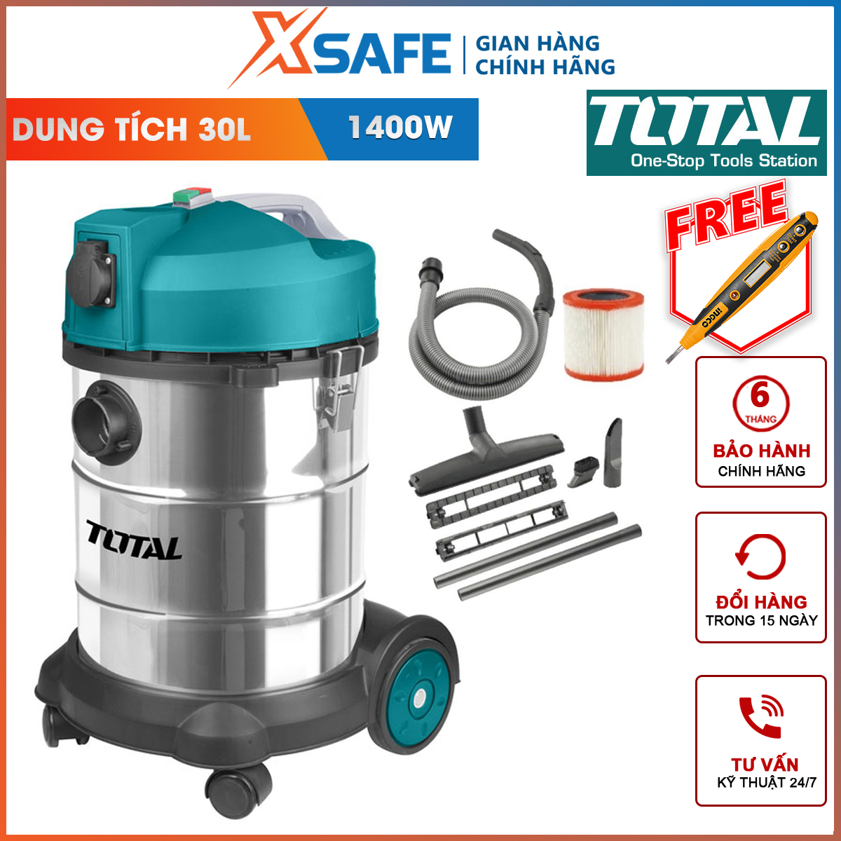 Vacuum cleaner 30 liters total TVC14301 | portable vacuum cleaner input power 1400W quality air blowing 1.9cbm/min pressure suction 16-18kpa capacity 30L vacuum cleaner smooth, dustpan chassis small narrow space