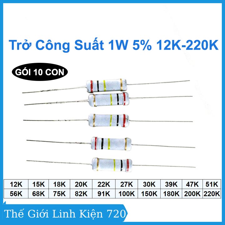 Điện trở vạch công suất 1w 5%, điện trở sứ giá trị 12k - 220k