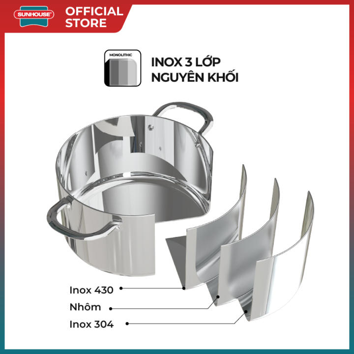 Bộ nồi inox đáy liền nguyên khối SUNHOUSE MAMA SHG701 - Dùng được với mọi loại bếp - Đường kính 16cm - 20cm - 24cm - Sản xuất tại Việt Nam - Hình ảnh 5