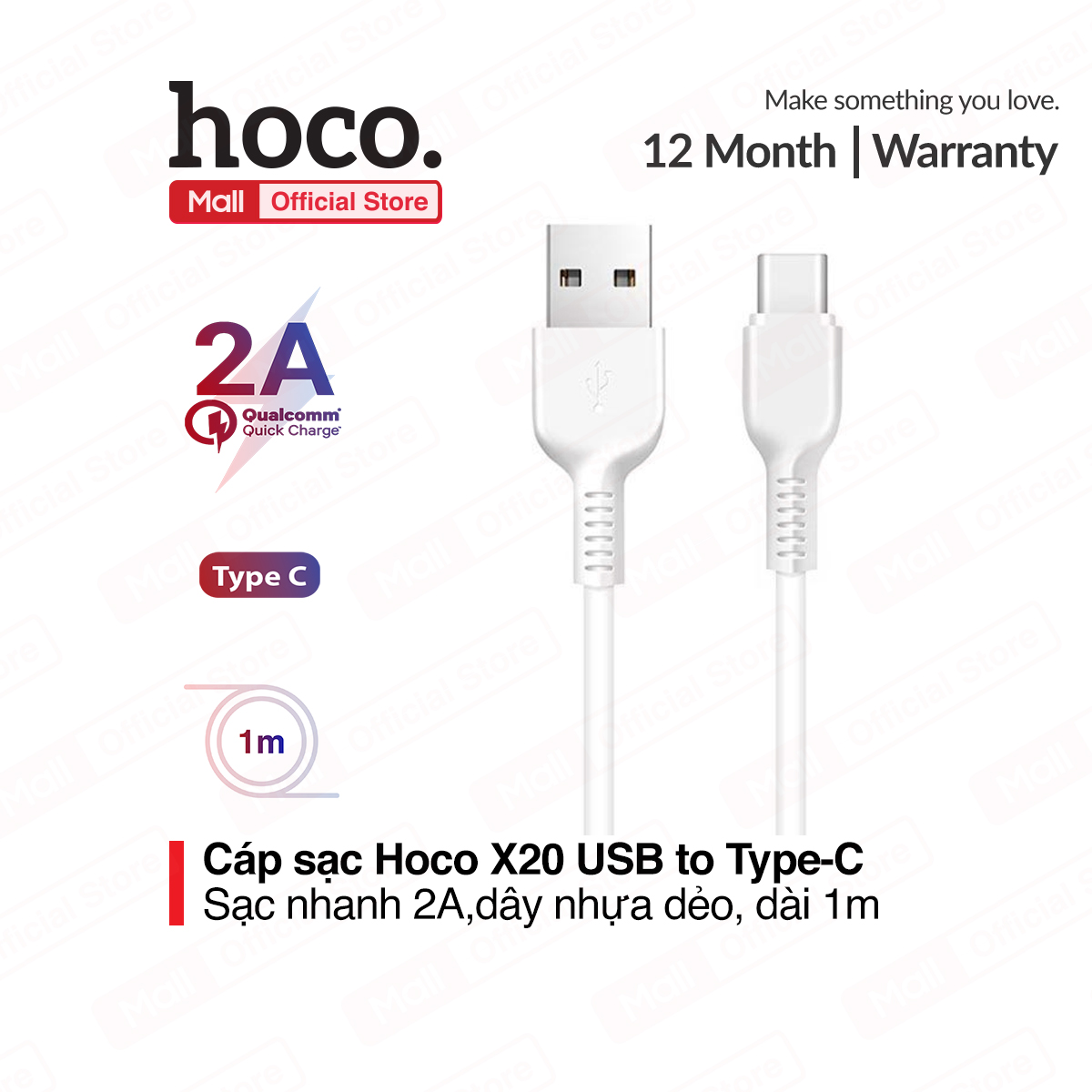 Cáp sạc USB Type - C Hoco X20 sạc nhanh 2.0A dài 1m cho điện thoại SAMSUNG/HUAWEI/LG