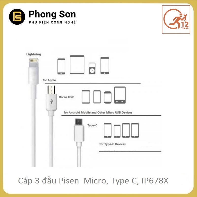 Cáp sạc Pisen 3in1 (TypeC, Micro, Lightning)