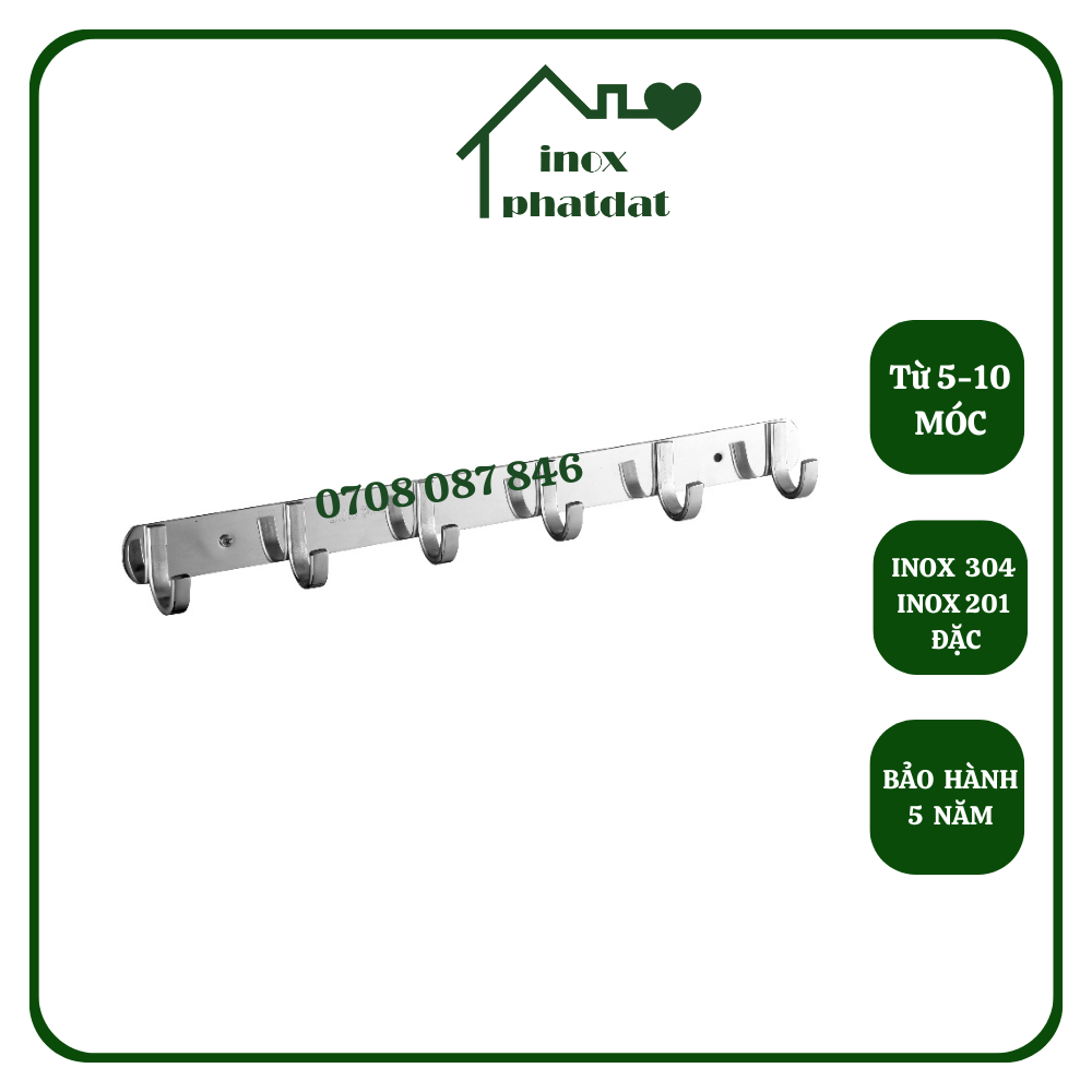 Móc treo đồ nhà tắm Inox 304 PHÁT ĐẠT (từ 5 – 10 móc) không rỉ sét, Móc áo inox dẹp, giá treo inox (SP011):
