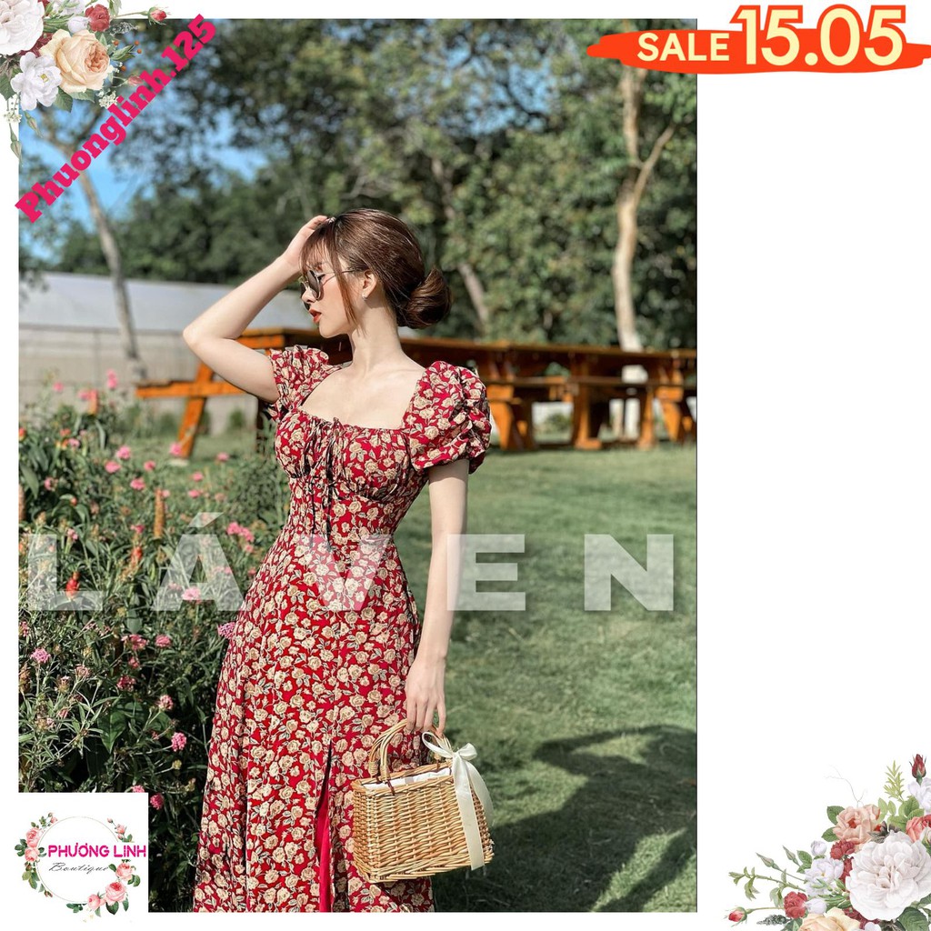 Váy Hoa Nhí Đỏ Cổ Vuông Xẻ Vạt