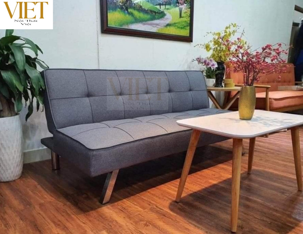 Sofa giường chân inox - sofa giường đa năng - vải bố - da